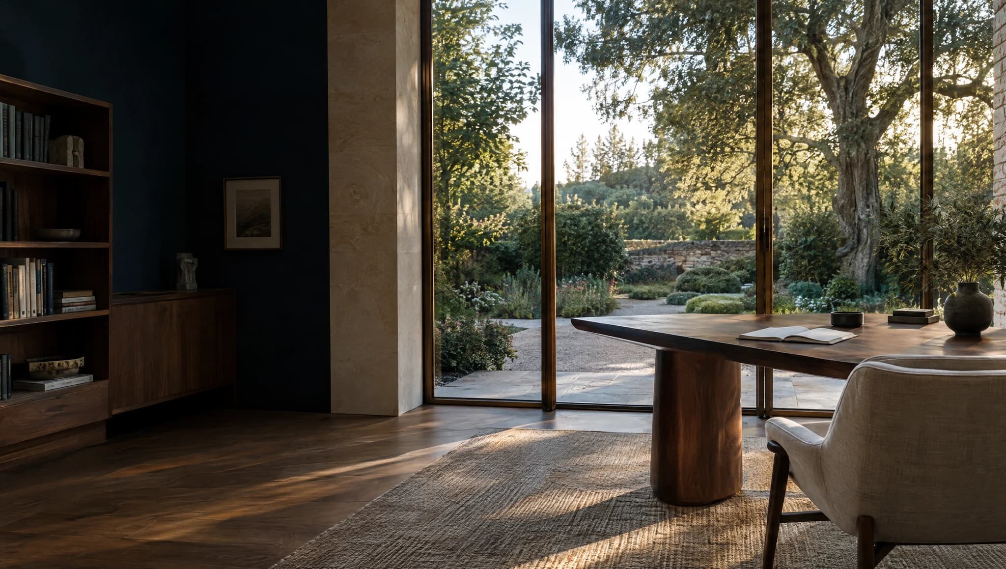 Illustrative contemporary study opening onto a sunlit garden