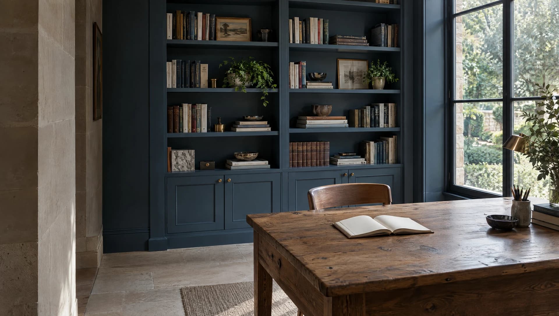 Illustrative private library with natural light and carefully chosen materials