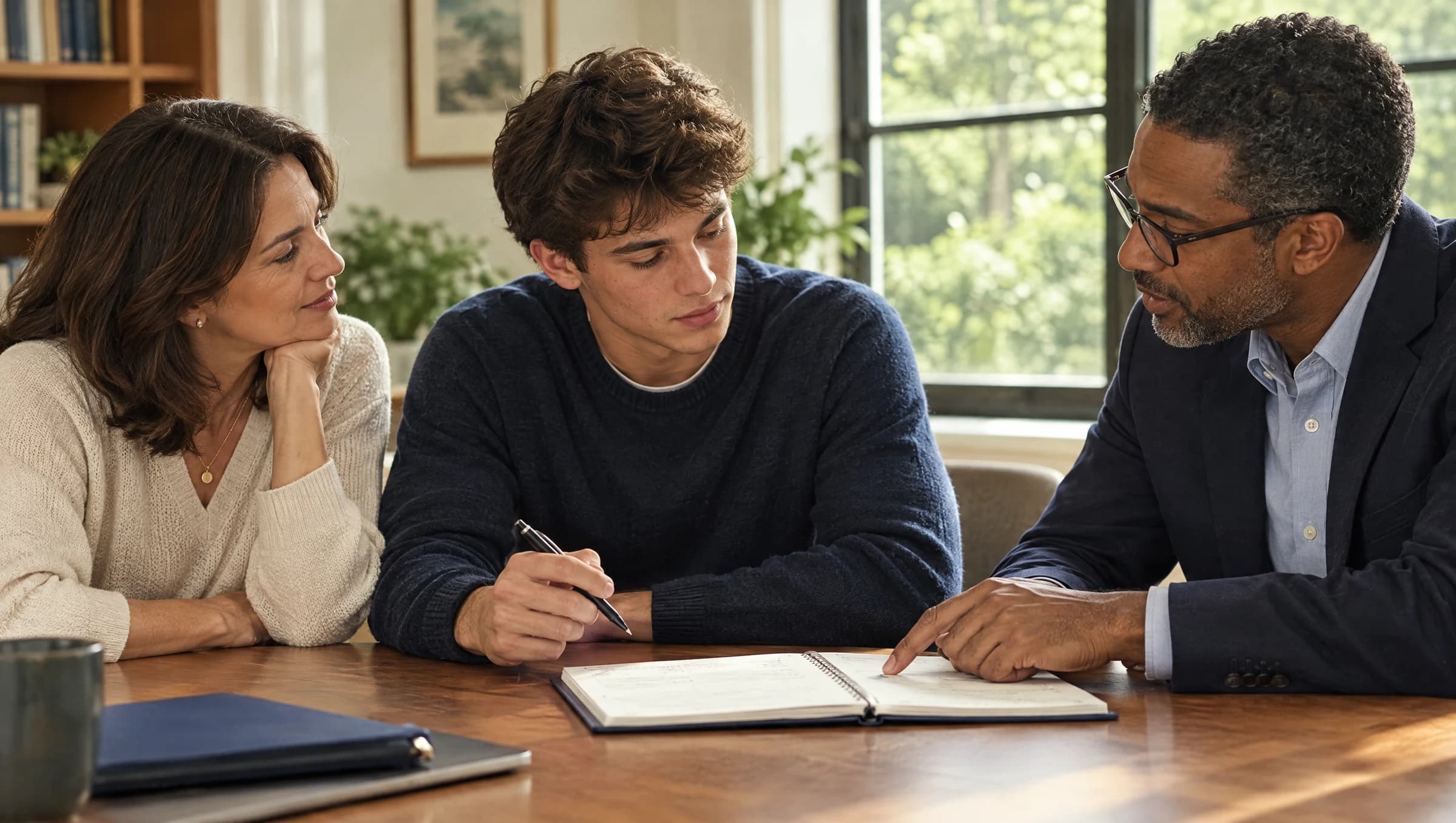 Illustrative student, parent and academic advisor discussing a personal plan